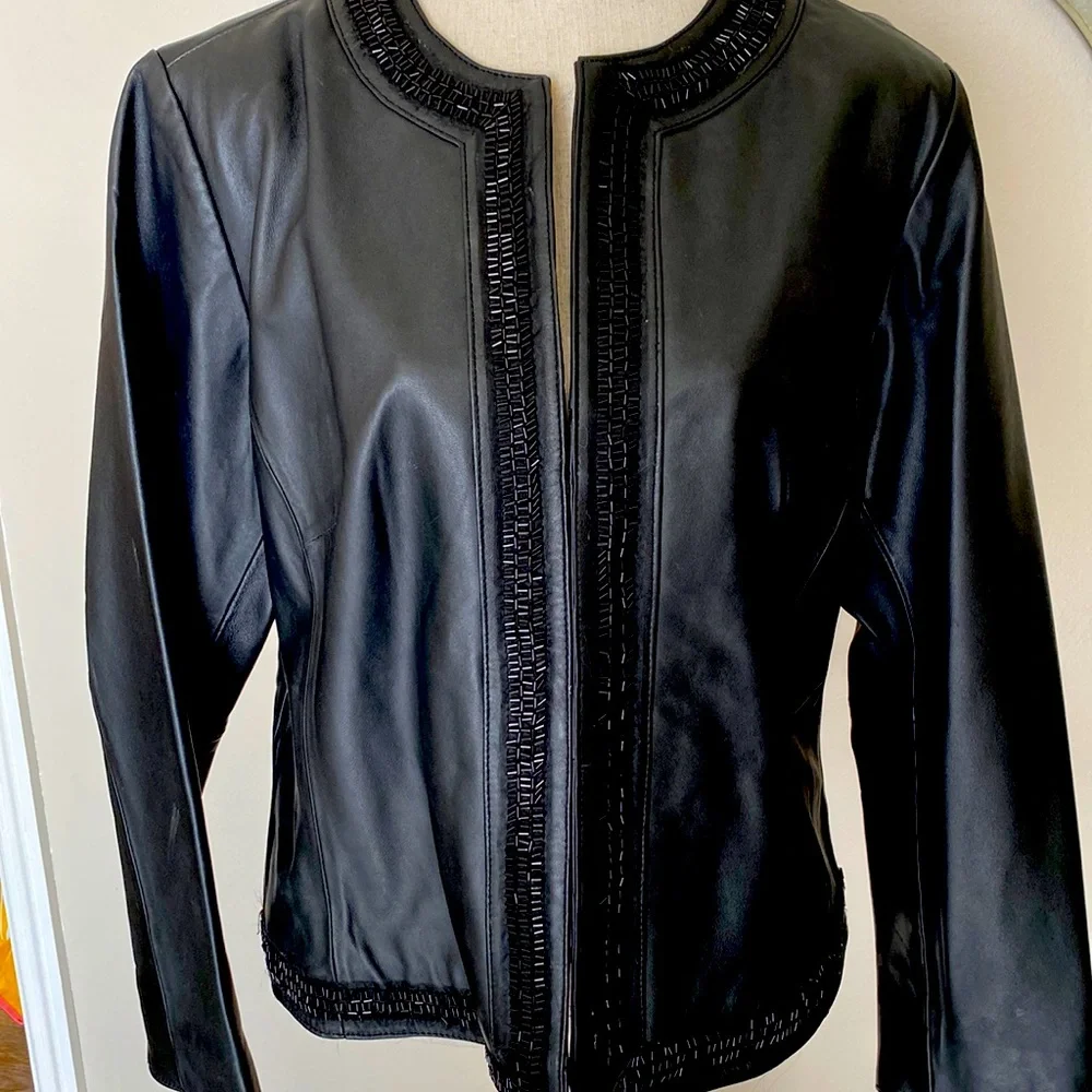 Chico’s black leather beaded jacket. Rare find - Picture 1 of 14